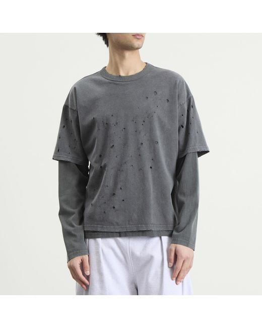 Beams Plus Gray Layered Damage Long Sleeve T-Shirt for men