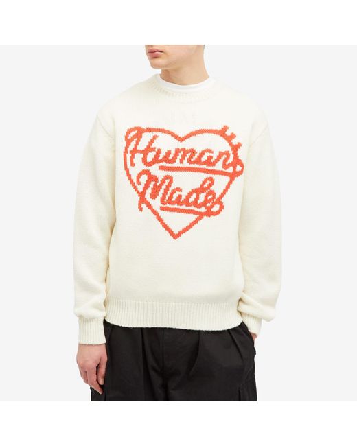 Human Made White Knitted Heart Crew Neck Jumper for men