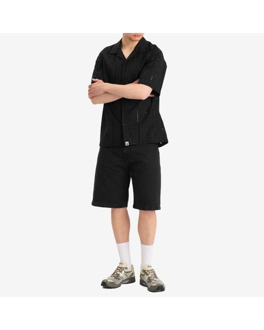 A Bathing Ape Black Embroidery Open Collar Ss Shirt for men