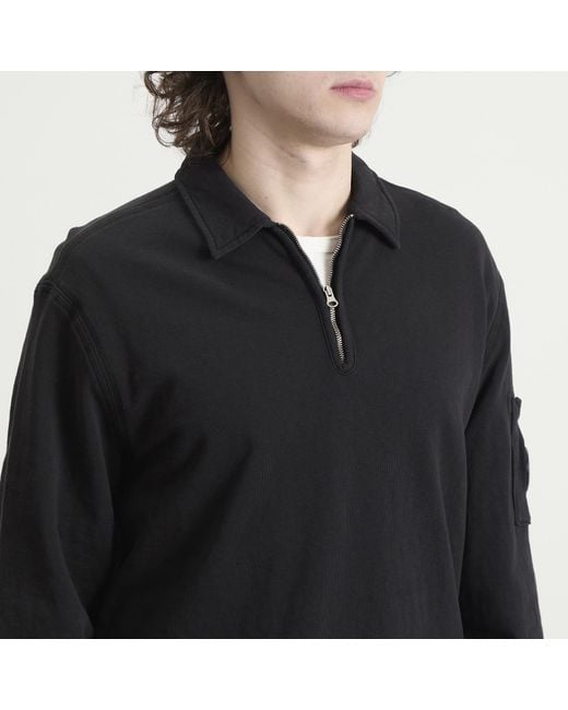 C P Company Black Malfile Fleece Quarter Zip Collared Sweatshirt for men