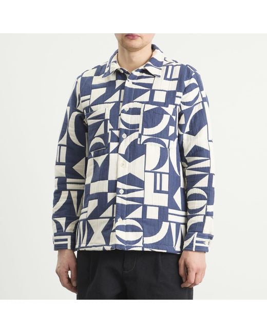 Wax London Blue Otto Geo Block Quilt Overshirt for men