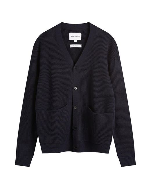 Norse Projects Blue Wool Ribbed Button Cardigan for men