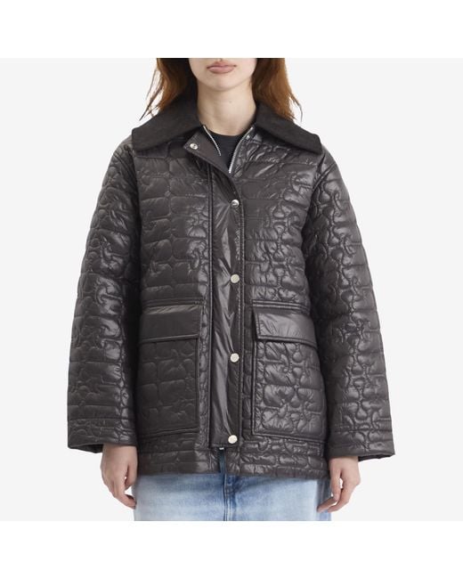 Ganni Black Shiny Quilt Midi Jacket
