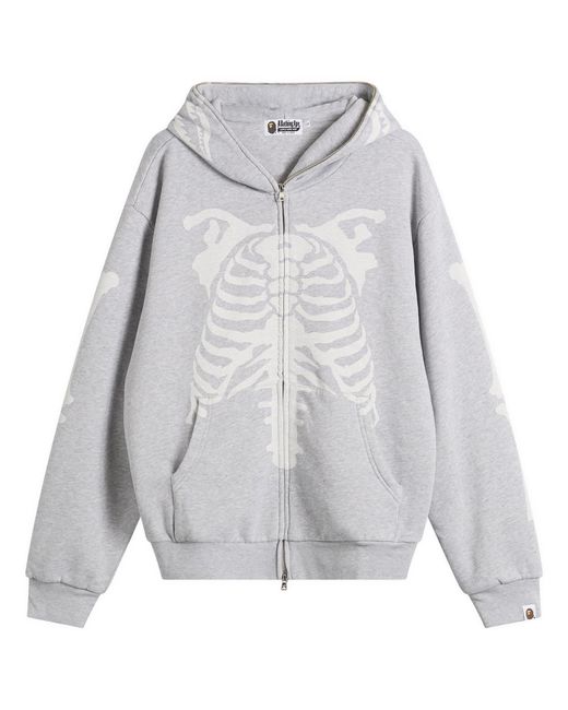 A Bathing Ape Gray Skeleton Shark Heavy Washed Zip Hoodie for men