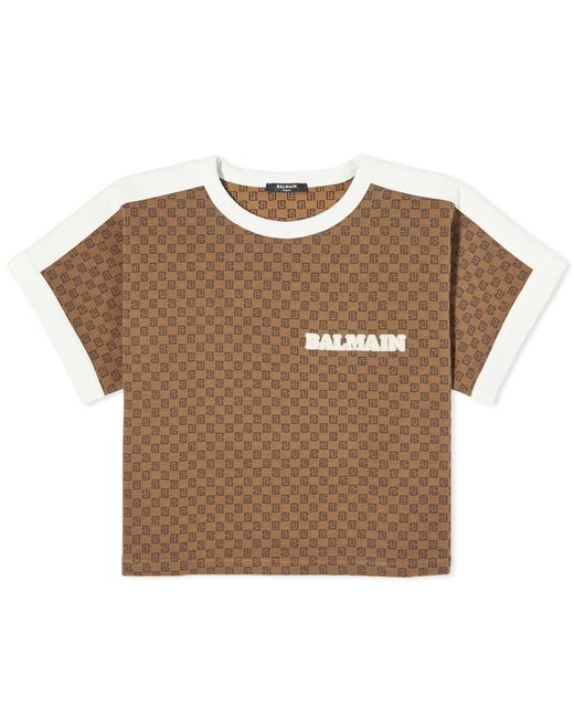 Balmain Brown Mini Monogram Printed Cropped T-Shirt
