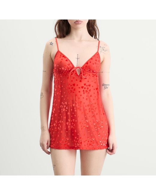 Skims Red Sheer Velvet Burnout Straight Neck Mini Dress