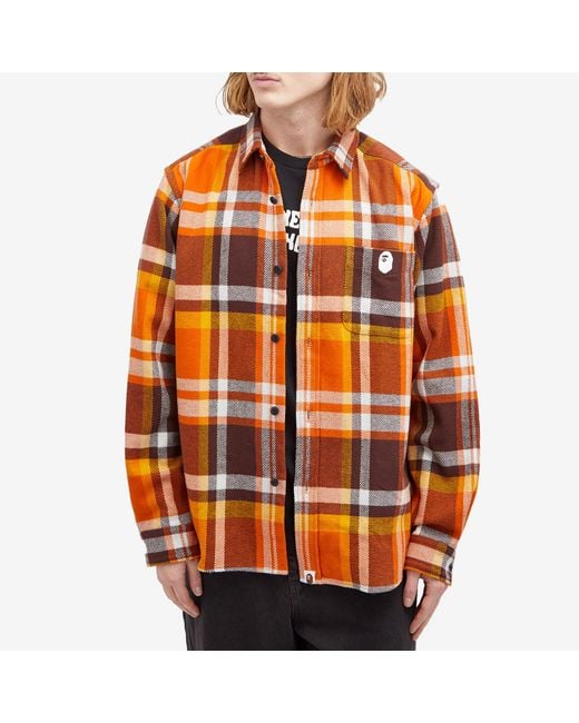 A Bathing Ape Orange Checked Overshirt for men