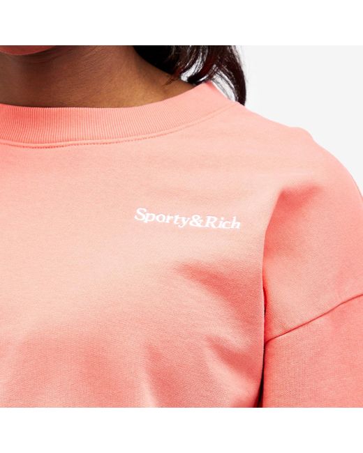Sporty & Rich Pink Serif Logo Embroidered Cropped Sweatshirt