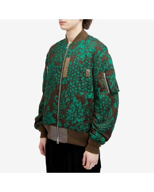 Sacai Green Floral Embroidered Patch Bomber Jacket for men