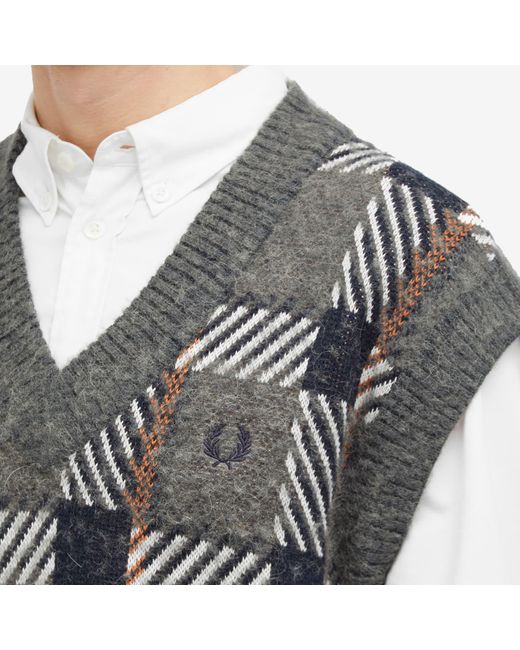 Fred Perry Gray Glitch Tartan Knitted Vest for men