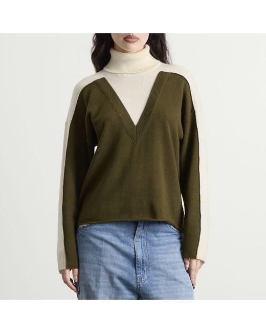 Maison Margiela Green Mm6 V-Neck Knitted Double Layer Jumper