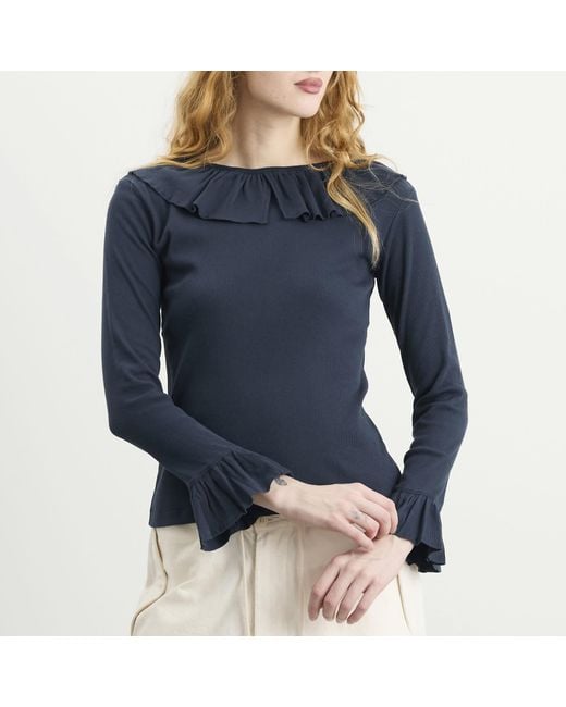 Beams Boy Blue Rib Knitted Ruffle Gathered Long Sleeve T-Shirt