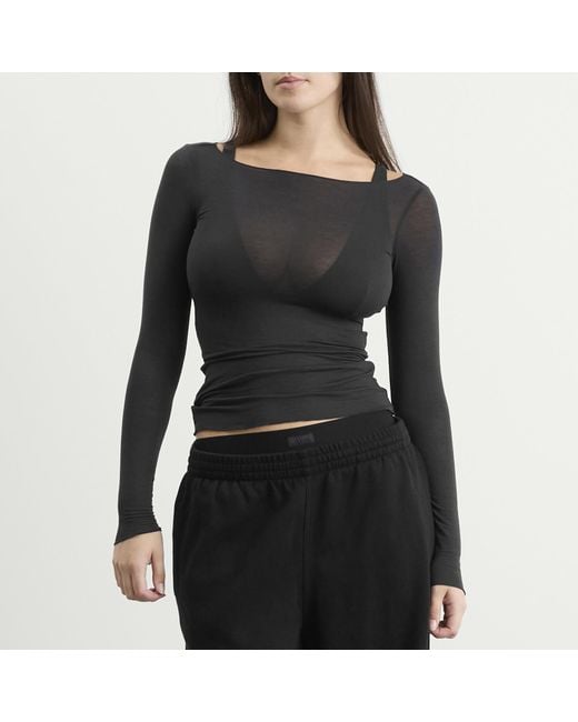 Skims Black Sheer Modal Long Sleeve Wide Neck Top