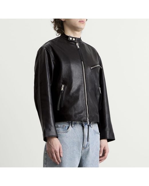 MKI Miyuki-Zoku Black Cropped Leather Racer Jacket for men