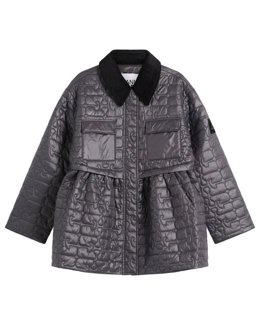 Ganni Gray Shiny Quilt Midi Jacket