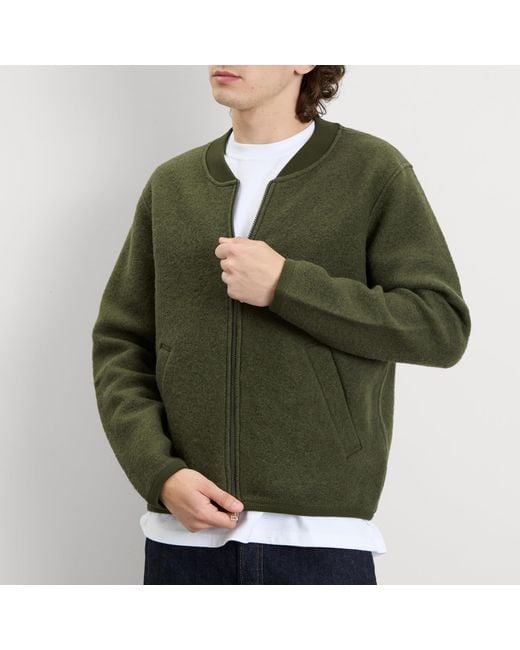 Universal Works Green Wool Fleece Zip Bomber Jacket for men