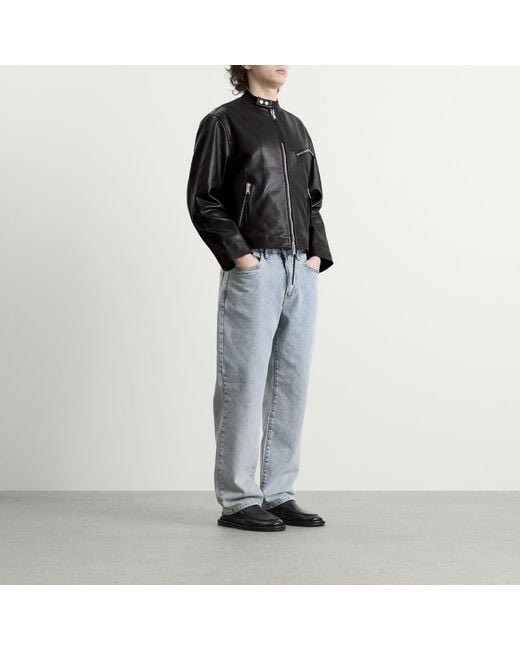 MKI Miyuki-Zoku Black Cropped Leather Racer Jacket for men
