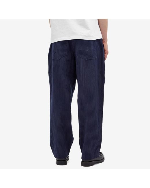 Universal Works Blue Pinstripe Pleated Duke Pants for men