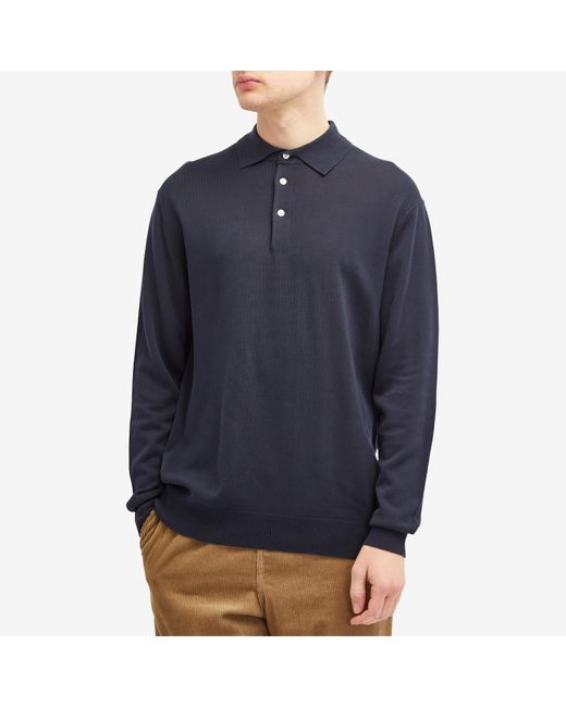 Beams Plus Blue 12G Knit Long Sleeve Polo Shirt for men