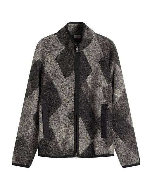 Moncler Black Zip Up Wool Jacquard Jacket for men