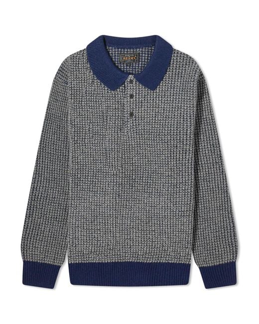 Beams Plus Gray Crochet Long Sleeve Polo Shirt for men