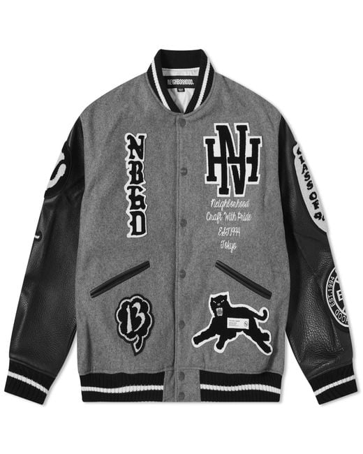 Neighborhood Gray Stadium Wool Leather Varsity Jacket for men