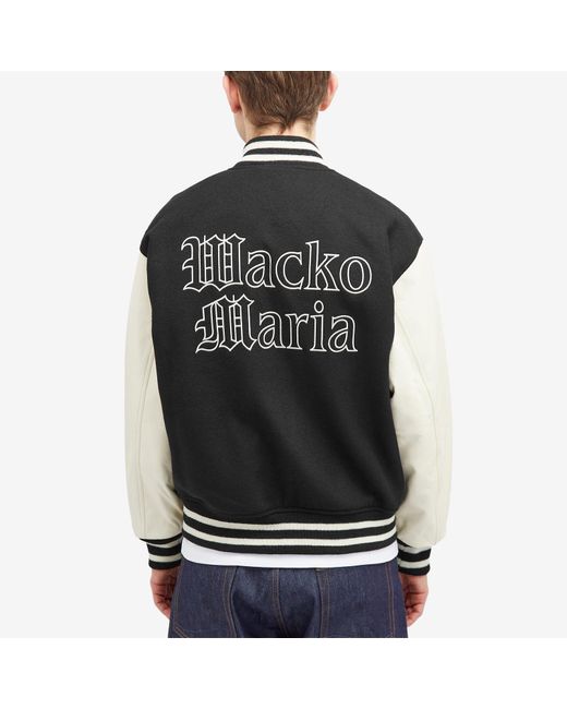 Wacko Maria Black Gothic Logo Leather Varsity Jacket for men