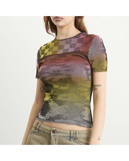 PAOLINA RUSSO Gray Illusion Knit Cap Sleeve T-Shirt