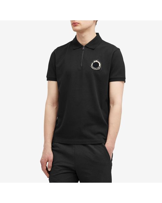 Moncler Black Embroidered Dragon Piquet Polo Shirt for men