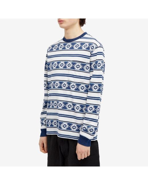 Beams Plus Blue Long Sleeve Jacquard Stripe Pocket T-Shirt for men