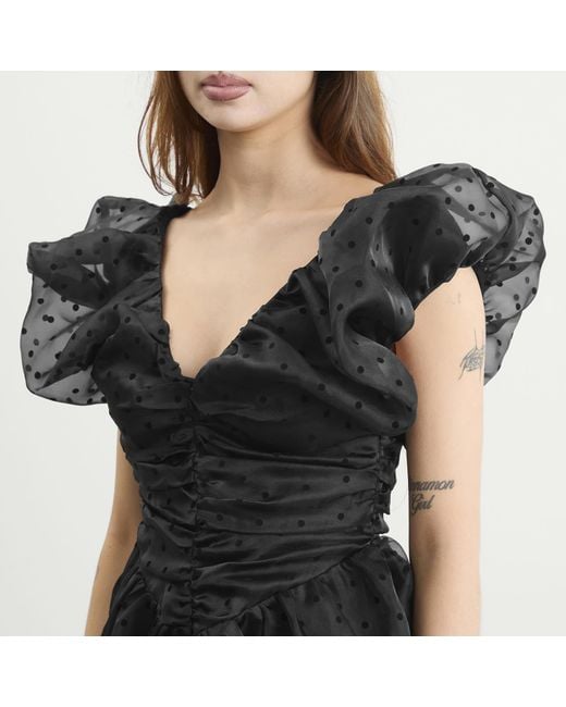 Ganni Black Flocked Organza Long Ruched Dress