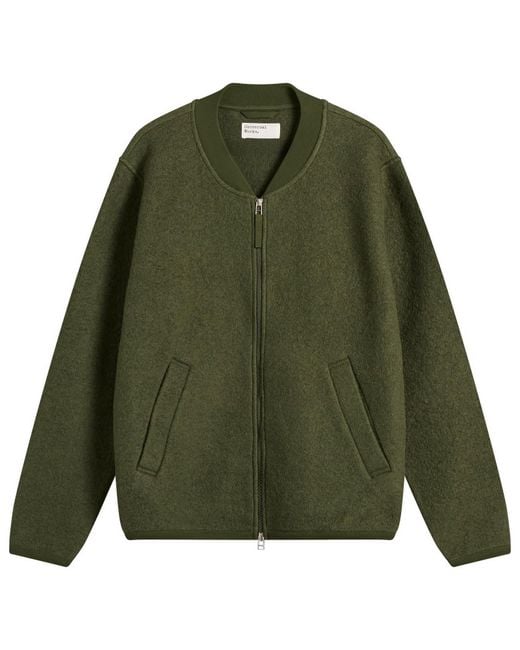 Universal Works Green Wool Fleece Zip Bomber Jacket for men