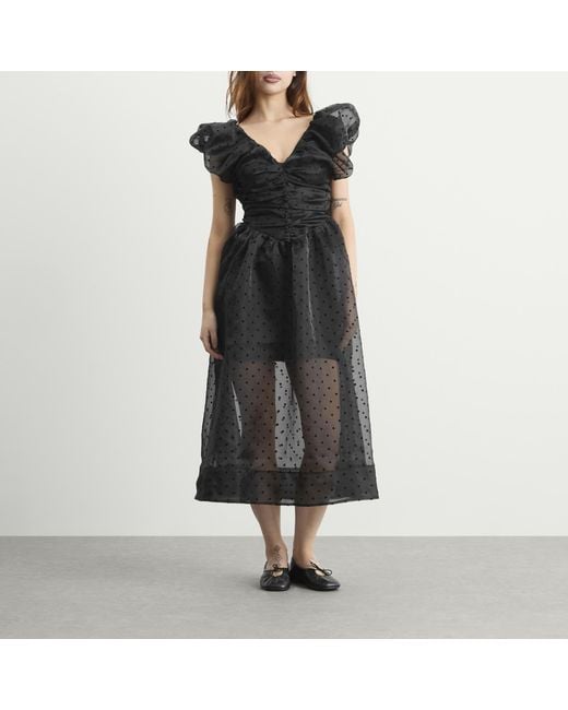 Ganni Black Flocked Organza Long Ruched Dress