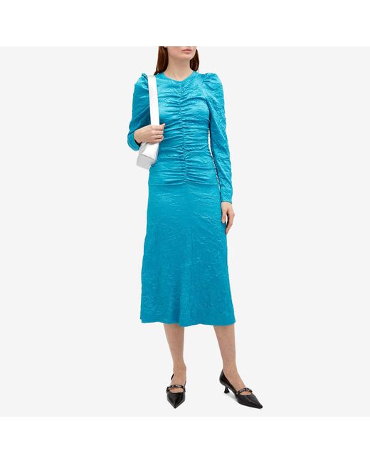 Ganni Blue Satin O-Neck Midi Dress