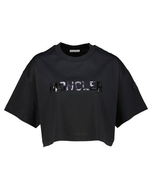 Moncler Black T-Shirt mit Pailletten Cropped Fit