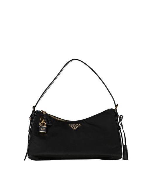 Prada Black Schultertasche mit Schloss Leder und Re-Nylon
