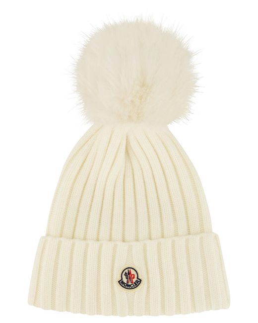 Moncler Natural Strickmütze mit Bommel aus Kunstfell