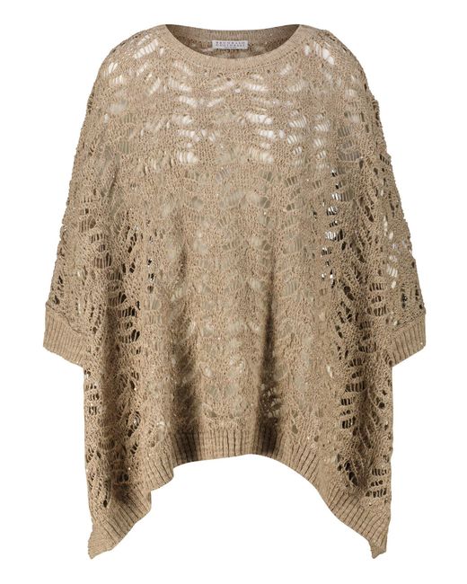 Brunello Cucinelli Natural Poncho mit Leinen und Seide