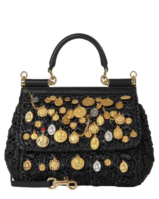 Dolce & Gabbana Black Small Sicily Bag In Raffia Crochet With Applications