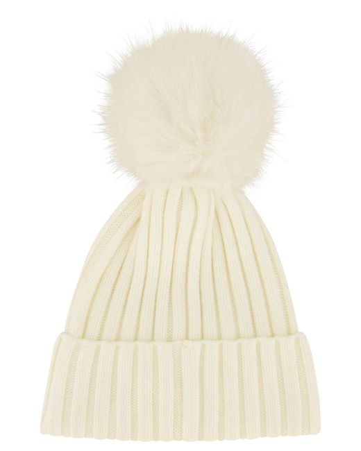 Moncler Natural Strickmütze mit Bommel aus Kunstfell