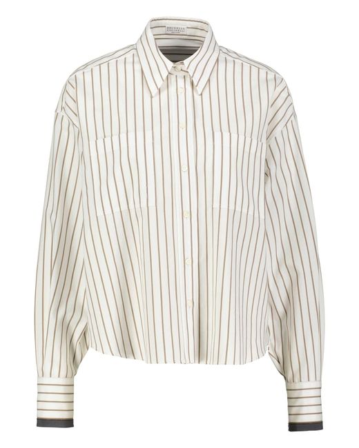 Brunello Cucinelli White Bluse aus gestreiftem Baumwolltwill