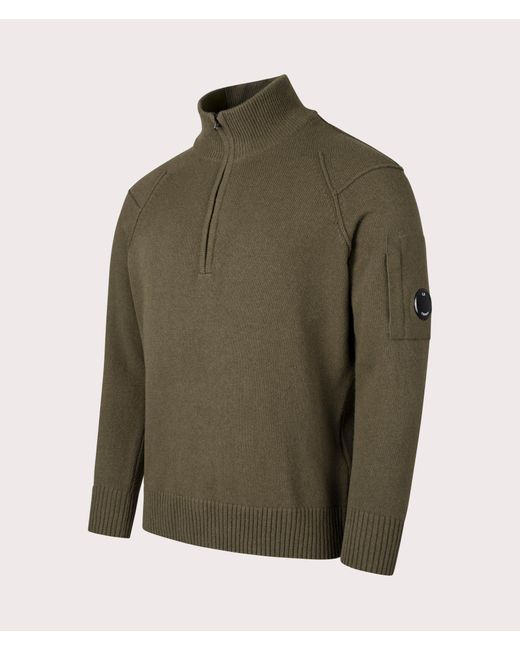 C P Company Green Lambswool Quarter Zip Knitted Jumper for men