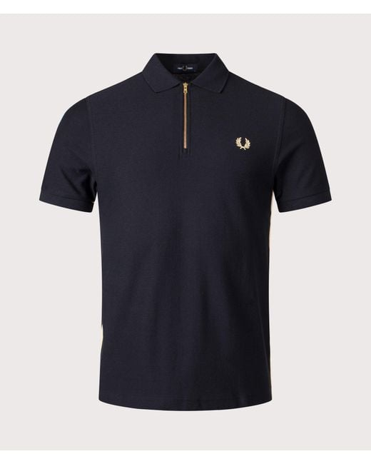 Fred Perry Blue Regular Fit Stripe Tape Zip Neck Polo Shirt for men