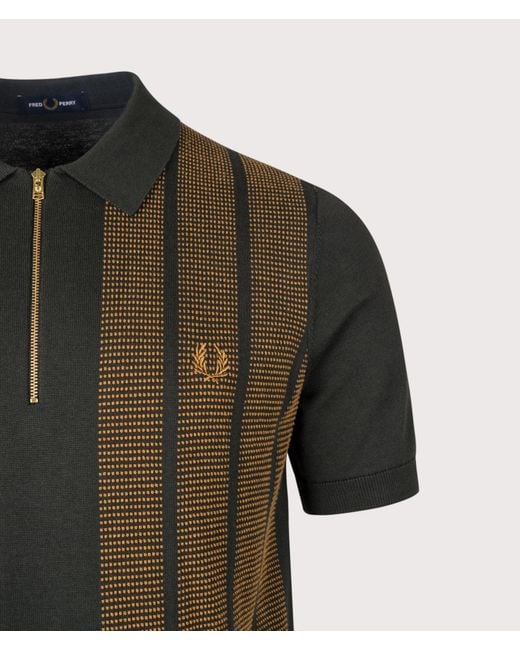 Fred Perry Green Regular Fit Textured Panel Zip Neck Knitted Polo Shirt for men