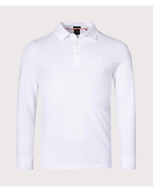 Boss White Slim Fit Long Sleeve Passerby Polo Shirt for men