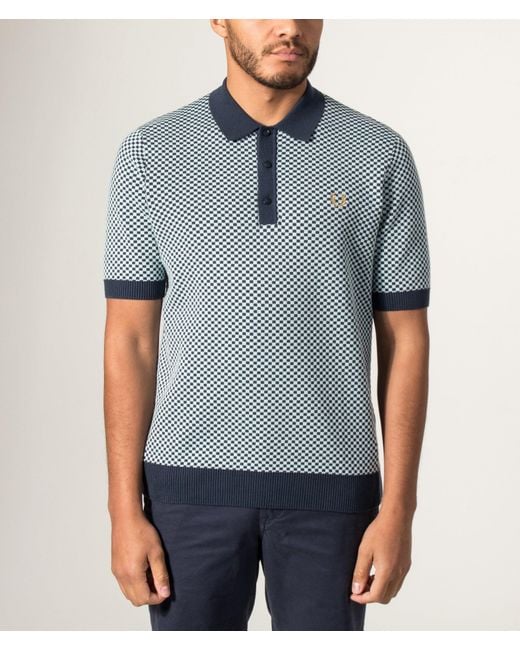 Fred Perry Blue Regular Fit Chequerboard Knitted Polo Shirt for men