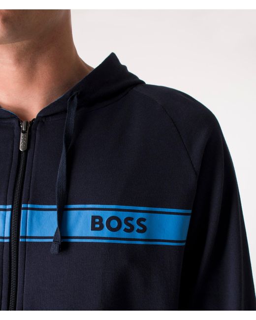 Boss Blue Zip Through Authentic Logo Stripe Hoodie for men