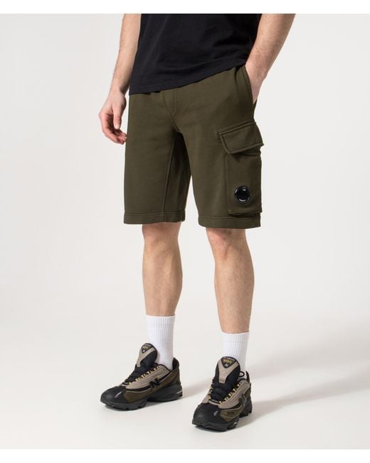 C P Company Green Regular Fit Cotton Diagonal Fleece Cargo Sweatshorts for men