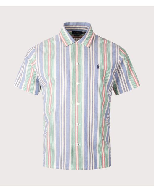 Polo Ralph Lauren Blue Classic Fit Short Sleeve Striped Chambray Camp Shirt for men