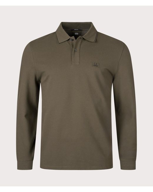 C P Company Green Stretch Piquet Long Sleeve Polo Shirt for men